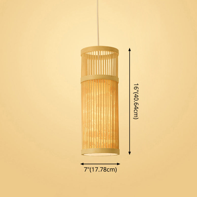 Bamboo Tea Room Ceiling Light With Chinoiserie Print Lampshade - Woven Hanging Fixture