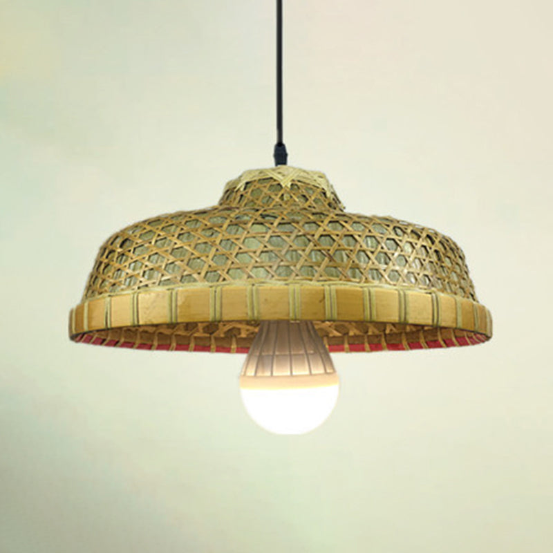 Farmers Hat Pendant: Asian Inspired Bamboo Woven Ceiling Lamp In Wood / F