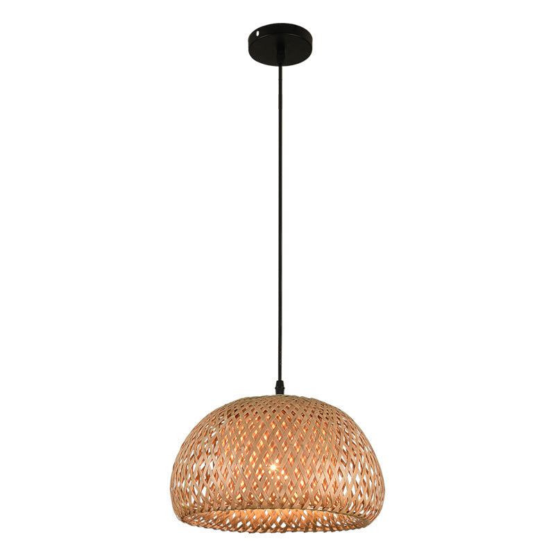 Wooden Pendant Bedside Lamp With Bamboo Shade - Asian Style Drop Light