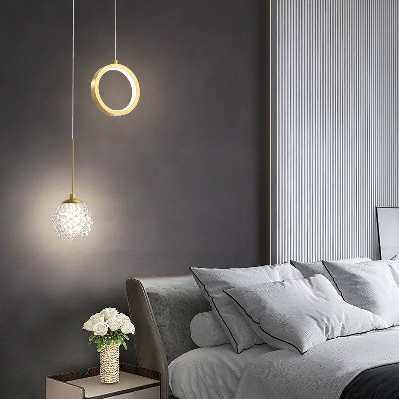 Minimalist Gold Starry LED Pendant Light for Bedroom with Glass Ball and Ring