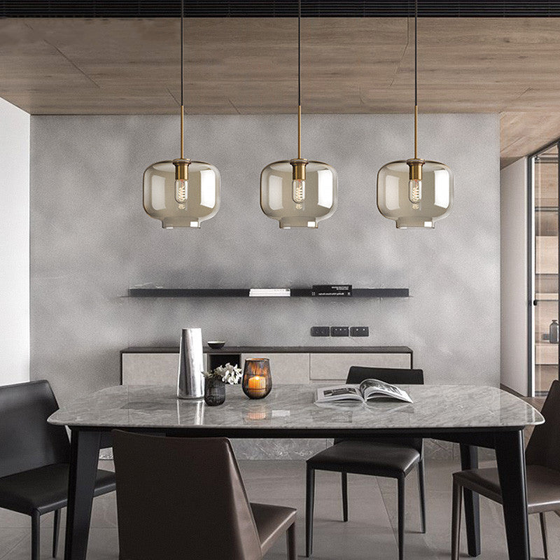 Lampe à suspension de café vintage avec abat-jour en verre géométrique en laiton - Lampe suspendue à 1 lumière