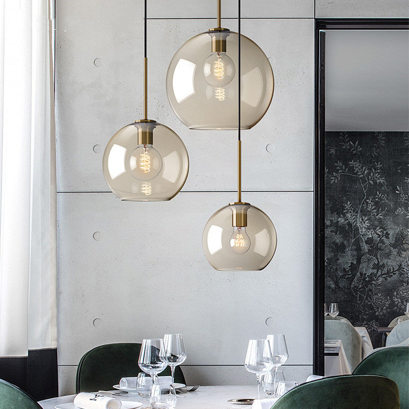 Lampe à suspension de café vintage avec abat-jour en verre géométrique en laiton - Lampe suspendue à 1 lumière