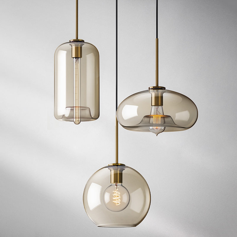 Lampe à suspension de café vintage avec abat-jour en verre géométrique en laiton - Lampe suspendue à 1 lumière