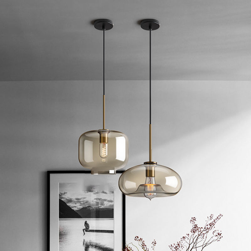 Lampe à suspension de café vintage avec abat-jour en verre géométrique en laiton - Lampe suspendue à 1 lumière