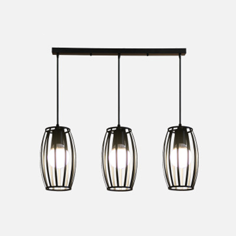 Black Barrel Shape Industrial Pendant Lamp | Bistro Cage Suspension Lighting 3 / Linear