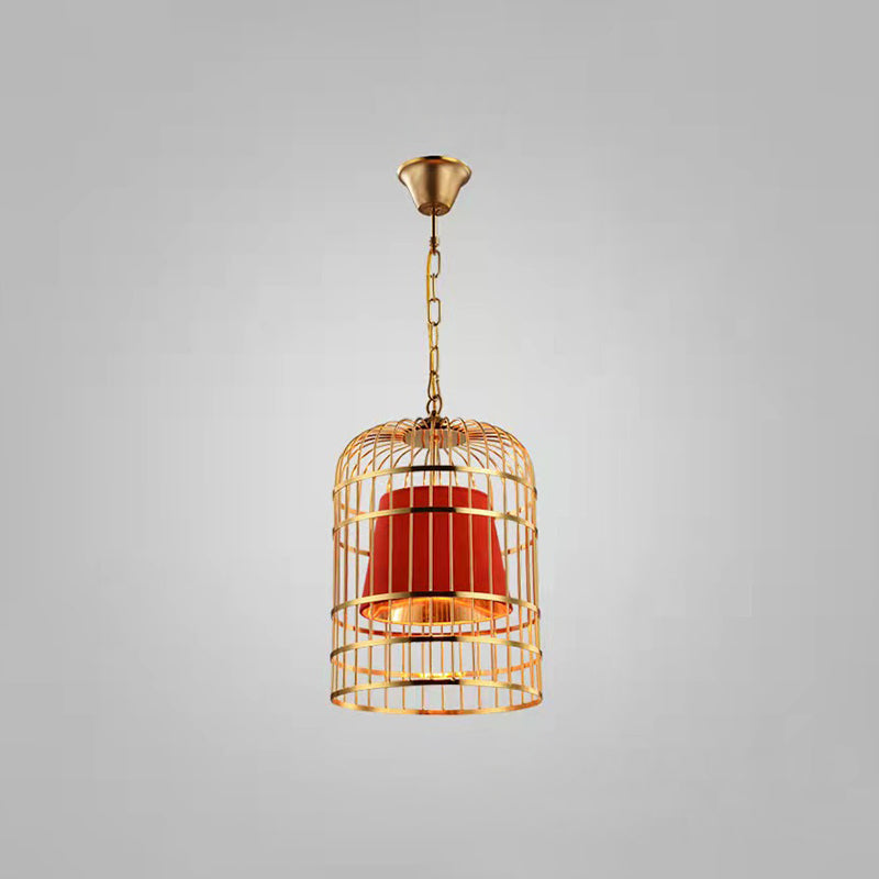 Gold Plated Birdcage Hanging Lamp - Country Metal Ceiling Light with Cone Shade