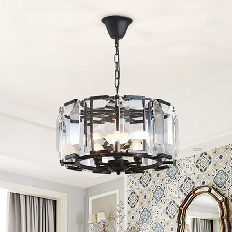 Lustre à tambour en métal noir vintage avec bloc de cristal - 18" de diamètre, lampe suspendue à têtes 5/8