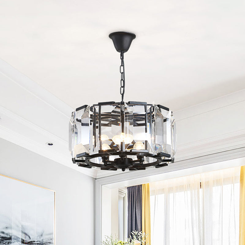 Lustre à tambour en métal noir vintage avec bloc de cristal - 18" de diamètre, lampe suspendue à têtes 5/8