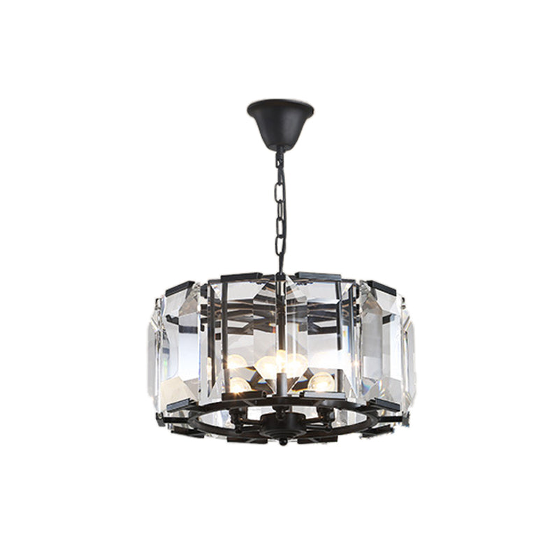 Lustre à tambour en métal noir vintage avec bloc de cristal - 18" de diamètre, lampe suspendue à têtes 5/8