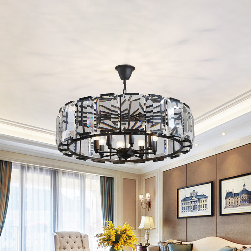 Lustre à tambour en métal noir vintage avec bloc de cristal - 18" de diamètre, lampe suspendue à têtes 5/8