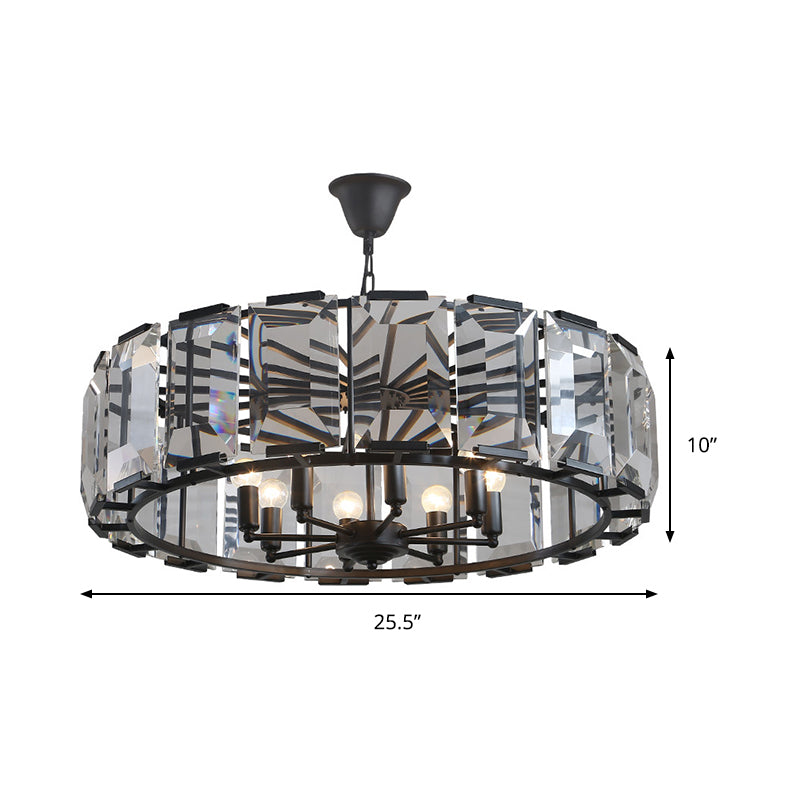 Lustre à tambour en métal noir vintage avec bloc de cristal - 18" de diamètre, lampe suspendue à têtes 5/8