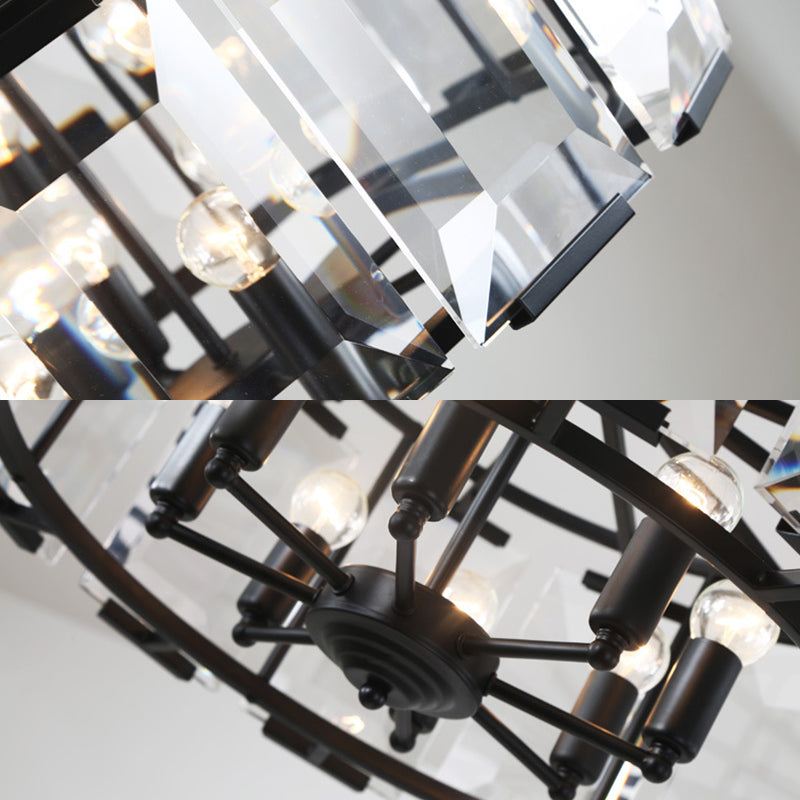 Lustre à tambour en métal noir vintage avec bloc de cristal - 18" de diamètre, lampe suspendue à têtes 5/8