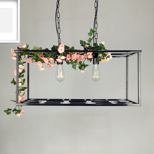 Vintage Metallic Rectangle Cage Hanging Lamp with Flower Decoration and 2 Bulbs - Black Ceiling Chandelier