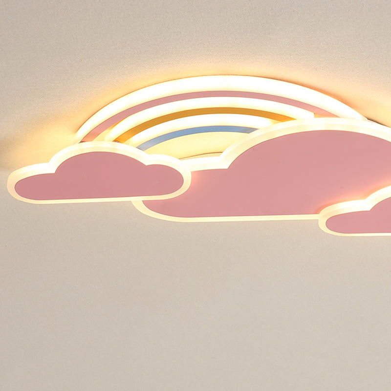 Rainbow Cloudy Ceiling Light - White/Pink Cartoon LED Flush-Mount Fixture, Warm/White Light