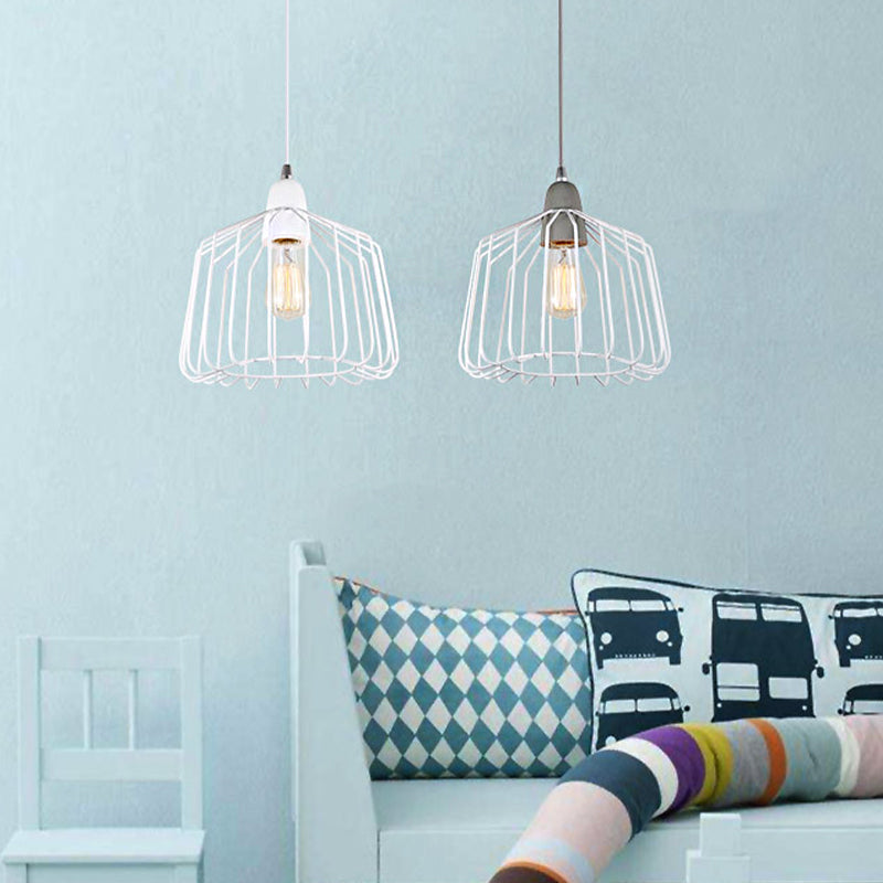Suspension cage en métal vintage avec finition gris/blanc - Luminaire suspendu pour chambre à coucher