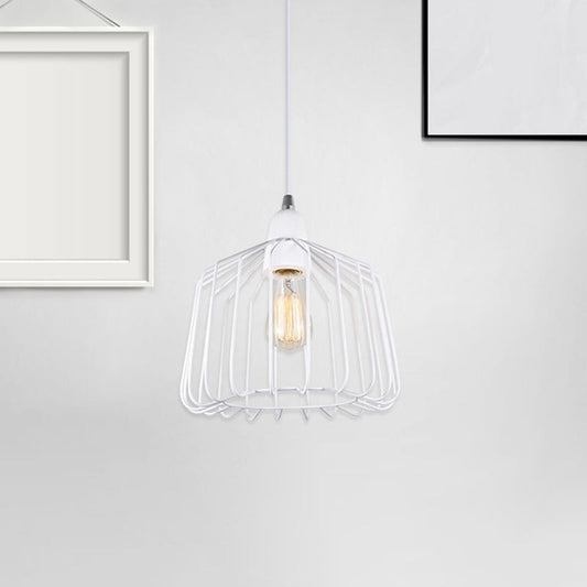 Vintage Metal Cage Pendant Light with Grey/White Finish - Bedroom Hanging Fixture