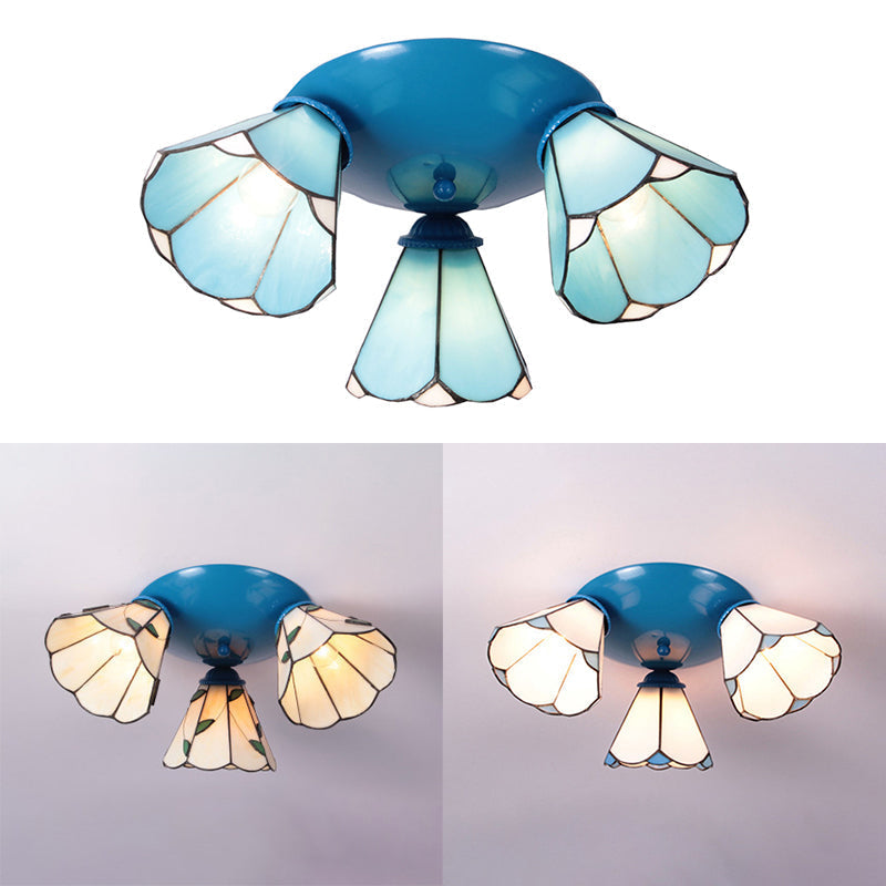 Vintage Stained Glass Ceiling Light Fixture - Conic Design With 3 Lights In White/Blue/Beige For