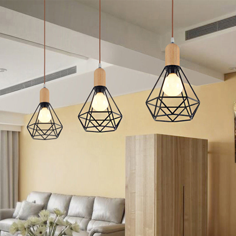 Vintage Metallic Pendant Lamp with Pear/Diamond/Gourd Cage Design - 1 Head Ceiling Hanging Light in Black