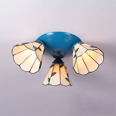Vintage Stained Glass Ceiling Light Fixture - Conic Design With 3 Lights In White/Blue/Beige For