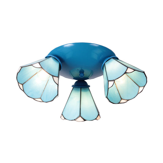 Vintage Stained Glass Conic Ceiling Light Fixture - 3-Light Design in White/Blue/Beige for Bedroom