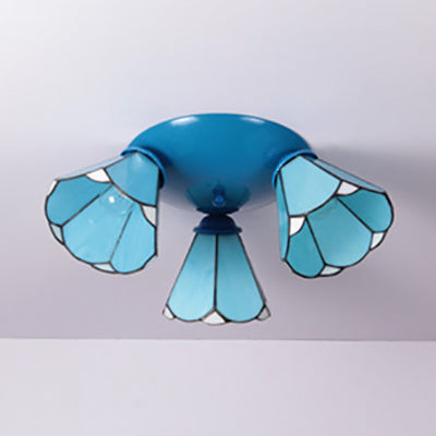 Vintage Stained Glass Ceiling Light Fixture - Conic Design With 3 Lights In White/Blue/Beige For
