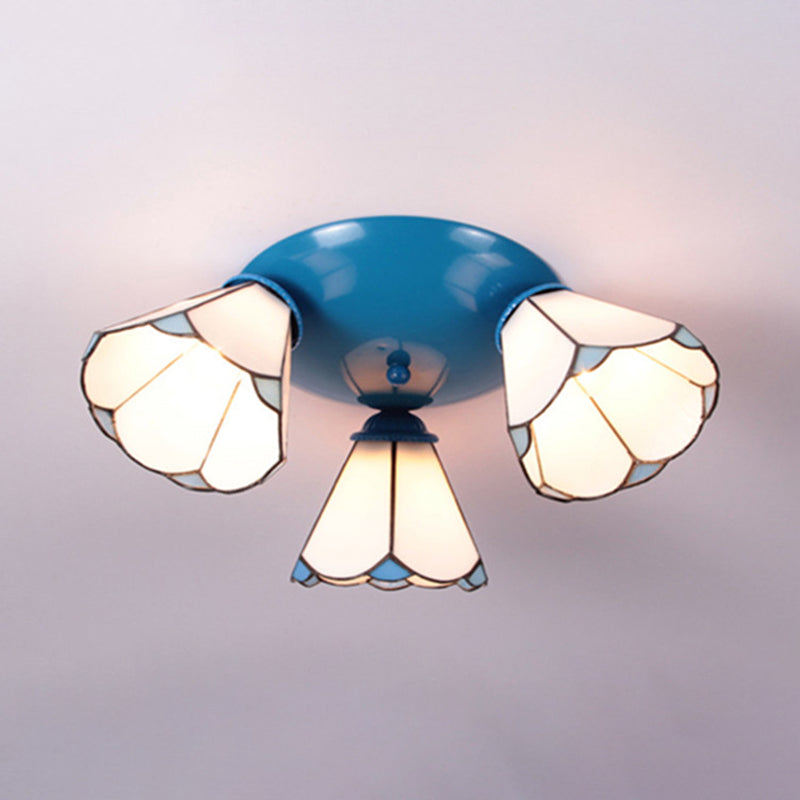Vintage Stained Glass Ceiling Light Fixture - Conic Design With 3 Lights In White/Blue/Beige For