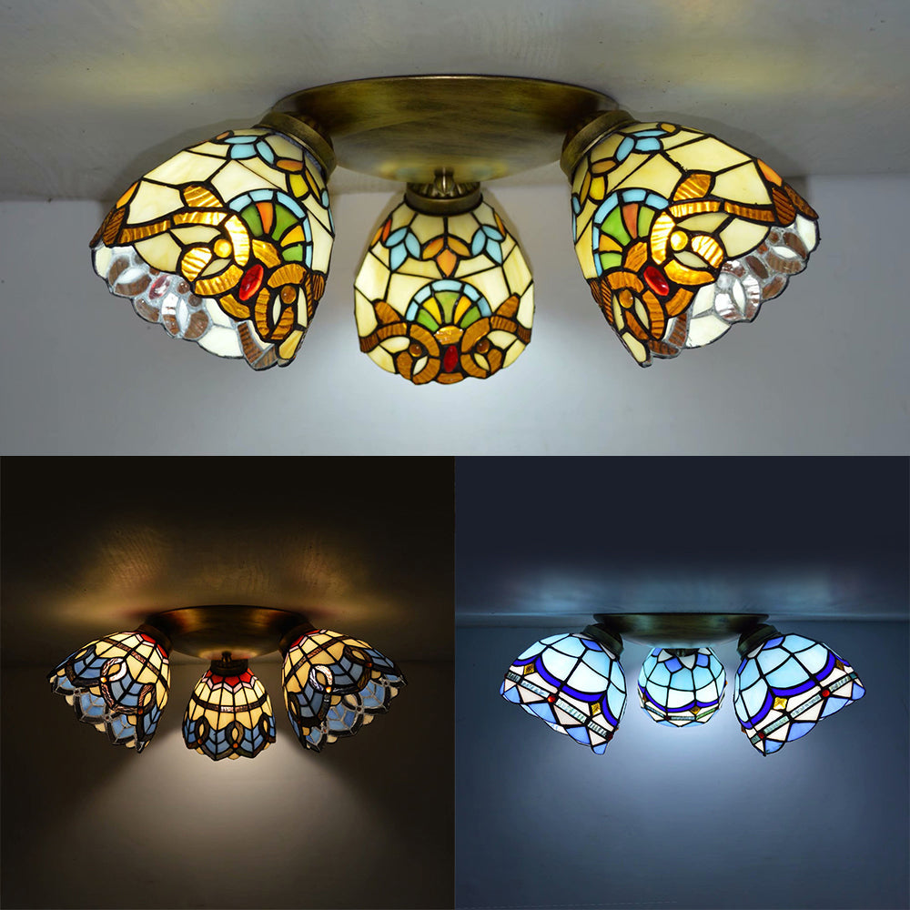 Vintage Stained Glass Dome Shade Ceiling Fixture - Victorian/Mediterranean/Baroque Pattern - Flush Mount - 3 Lights