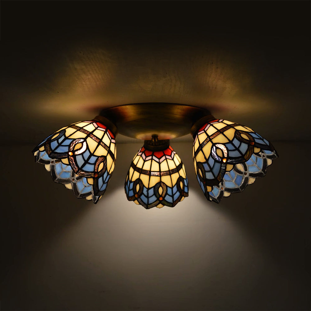 Vintage Stained Glass Dome Shade Ceiling Fixture - Victorian/Mediterranean/Baroque Pattern - Flush Mount - 3 Lights