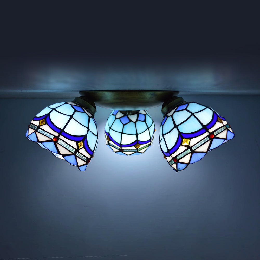 Vintage Stained Glass Dome Shade Ceiling Fixture - Victorian/Mediterranean/Baroque Pattern - Flush Mount - 3 Lights