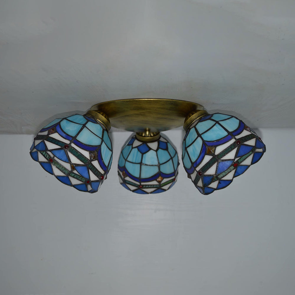 Vintage Stained Glass Dome Shade Ceiling Fixture - Victorian/Mediterranean/Baroque Pattern - Flush Mount - 3 Lights
