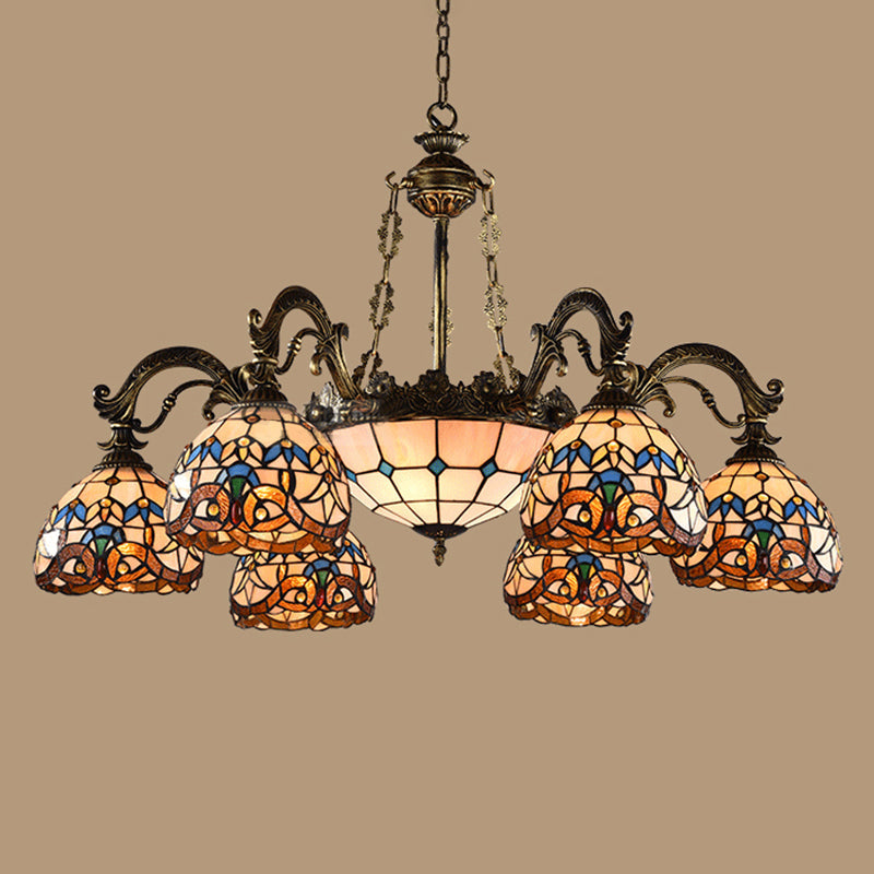 Mediterranean Tiffany Hanging Lamp: Retro Baroque Stained Glass Chandelier With Aged Aluminum Finish