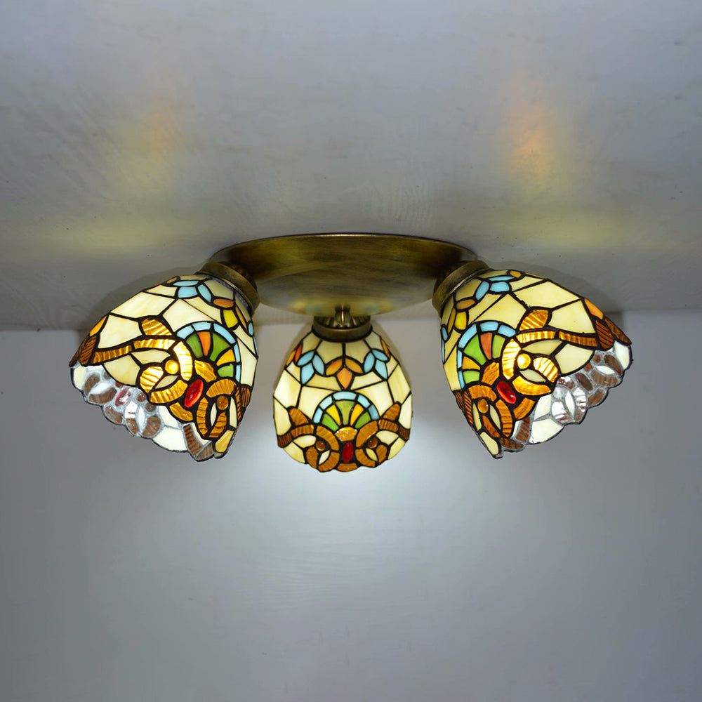 Vintage Stained Glass Dome Shade Ceiling Fixture - Victorian/Mediterranean/Baroque Pattern - Flush Mount - 3 Lights