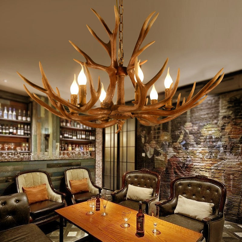 Rustic Deer Horn Chandelier With Adjustable Chain - 6-Light Original Wood Color Retro Candlestick
