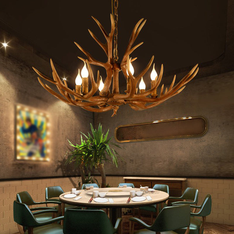 Rustic Deer Horn Chandelier With Adjustable Chain - 6-Light Original Wood Color Retro Candlestick