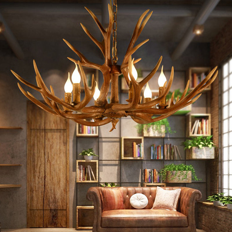 Rustic Deer Horn Chandelier With Adjustable Chain - 6-Light Original Wood Color Retro Candlestick