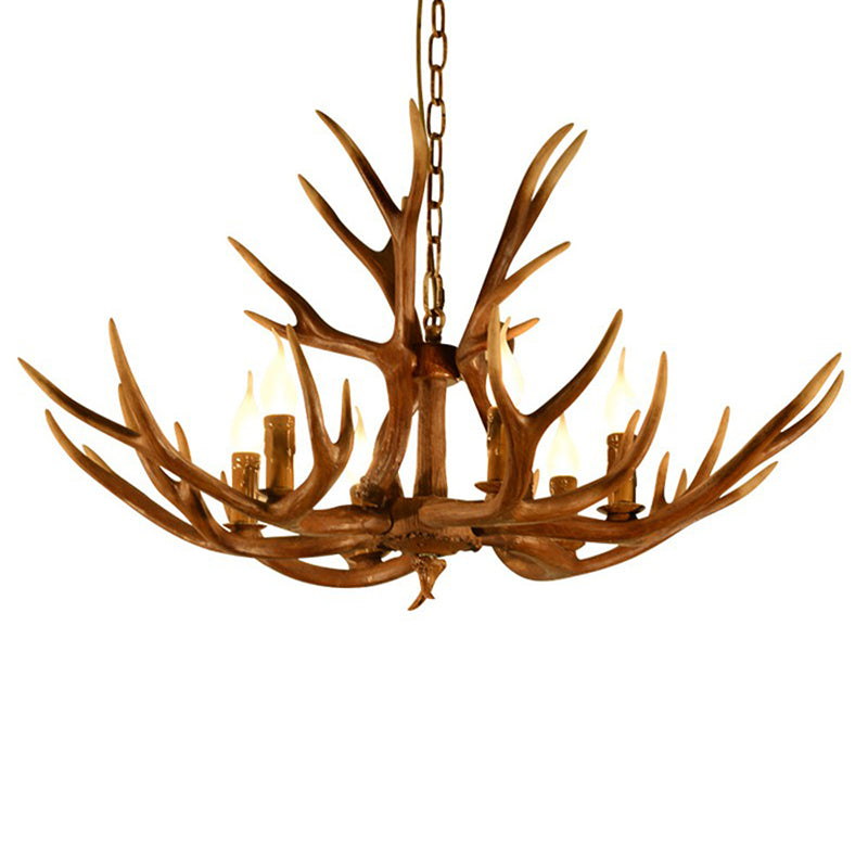 Rustic Deer Horn Chandelier With Adjustable Chain - 6-Light Original Wood Color Retro Candlestick