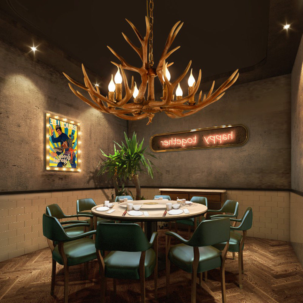 Rustic Deer Horn Chandelier With Adjustable Chain - 6-Light Original Wood Color Retro Candlestick