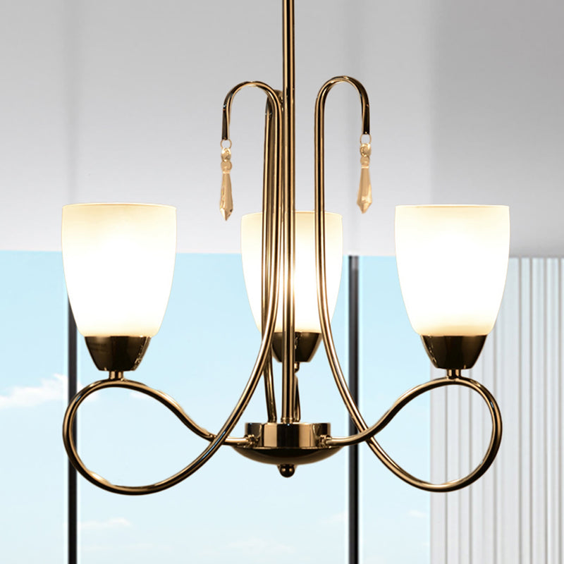 Contemporary White Glass Bell Chandelier Lamp with Crystal Deco in Silver for Hallway