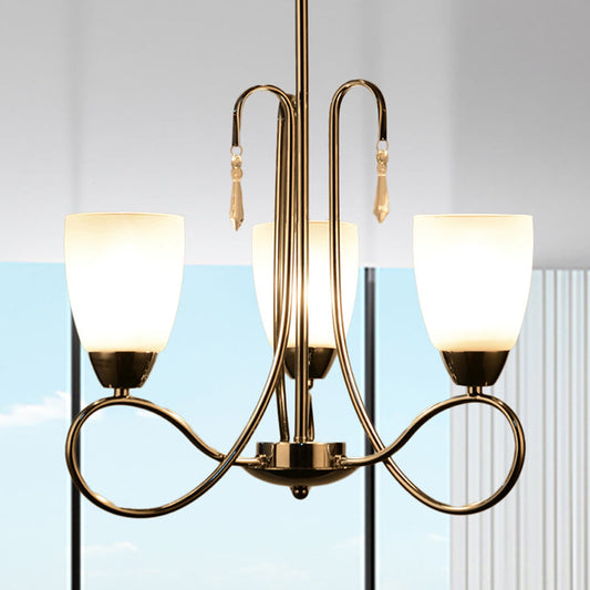 Contemporary White Glass Bell Chandelier Lamp with Crystal Deco in Silver for Hallway