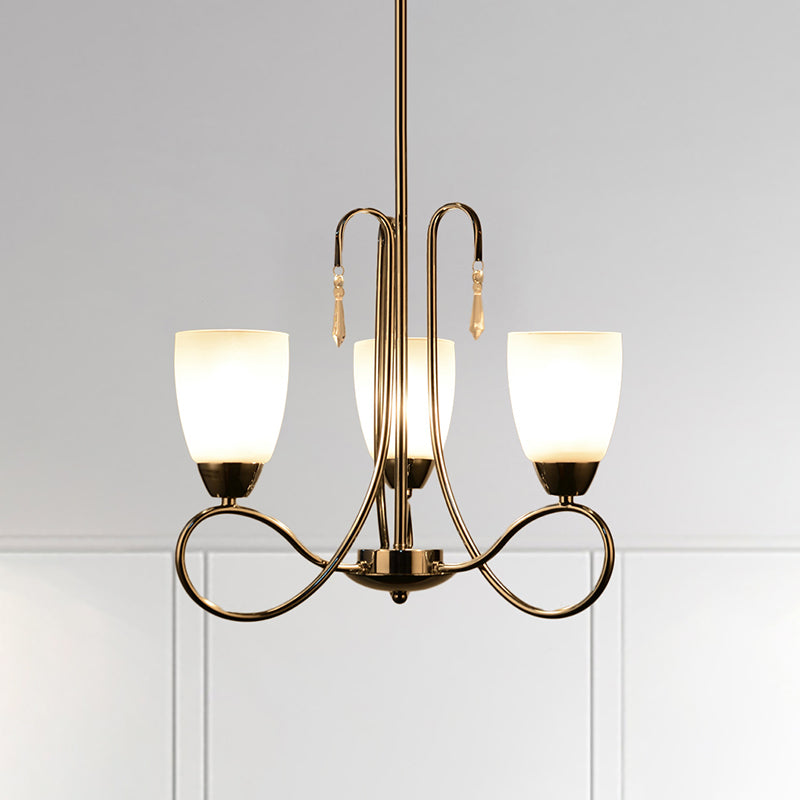 Contemporary White Glass Bell Chandelier Lamp with Crystal Deco in Silver for Hallway