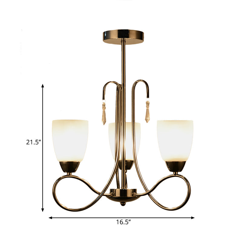 Contemporary White Glass Bell Chandelier Lamp with Crystal Deco in Silver for Hallway