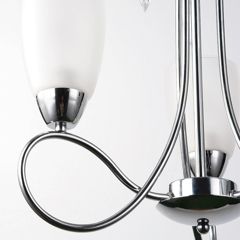 Contemporary White Glass Bell Chandelier Lamp with Crystal Deco in Silver for Hallway