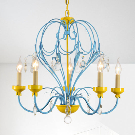 Children's Macaron Candle Chandelier Lamp with Crystal Drop - Yellow/Blue, Metallic Finish, 5 Lights