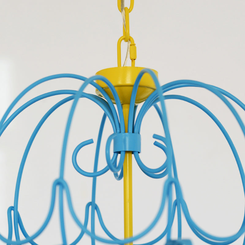 Children's Macaron Candle Chandelier Lamp with Crystal Drop - Yellow/Blue, Metallic Finish, 5 Lights