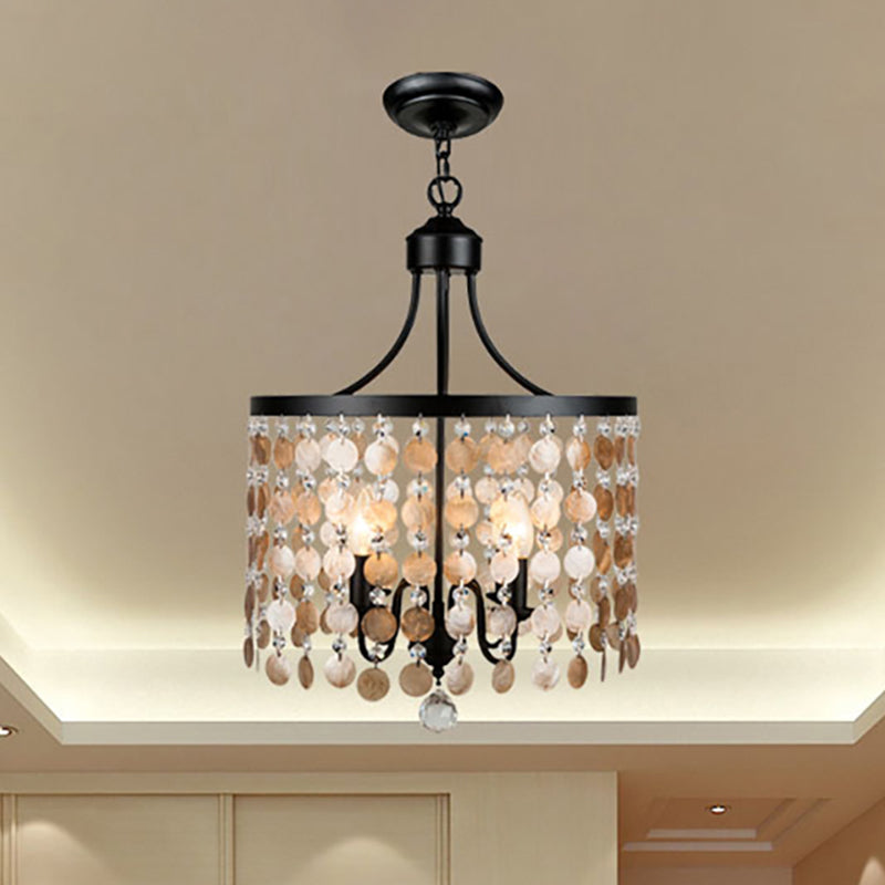 Vintage Round Chandelier Light Metal & Shell | 4-Light Suspension | Black for Bedroom