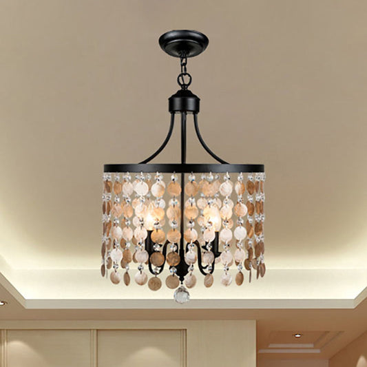 Vintage Round Chandelier Light Metal & Shell | 4-Light Suspension | Black for Bedroom