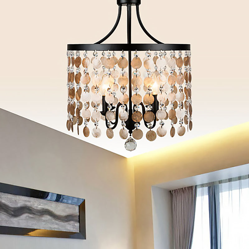 Vintage Round Chandelier Light Metal & Shell | 4-Light Suspension | Black for Bedroom
