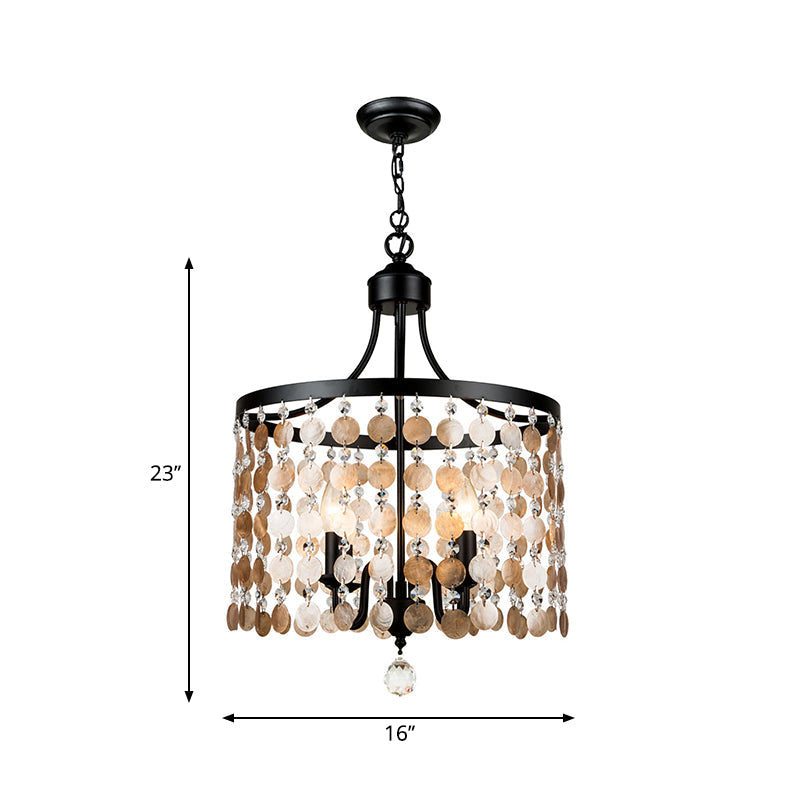 Vintage Round Chandelier Light Metal & Shell | 4-Light Suspension | Black for Bedroom