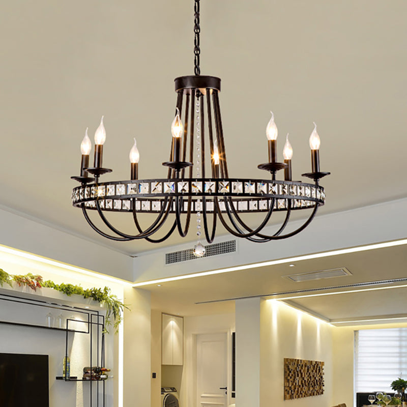 Lustre moderne en métal noir avec décoration en cristal - Lampe suspendue à 6/8 lumières pour éclairage industriel