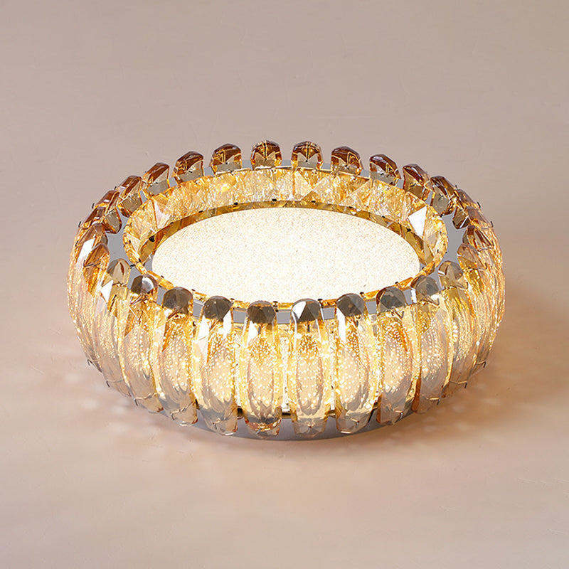 Minimalist Crystal Chrome Led Flush Ceiling Light: Donut Shaped For Bedroom / 16 Amber